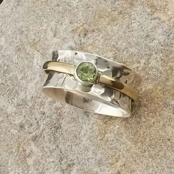 Sundance Jewelry - NEW Hammered Silver Plated and Gold Peridot Chunky Wide Band Ring
